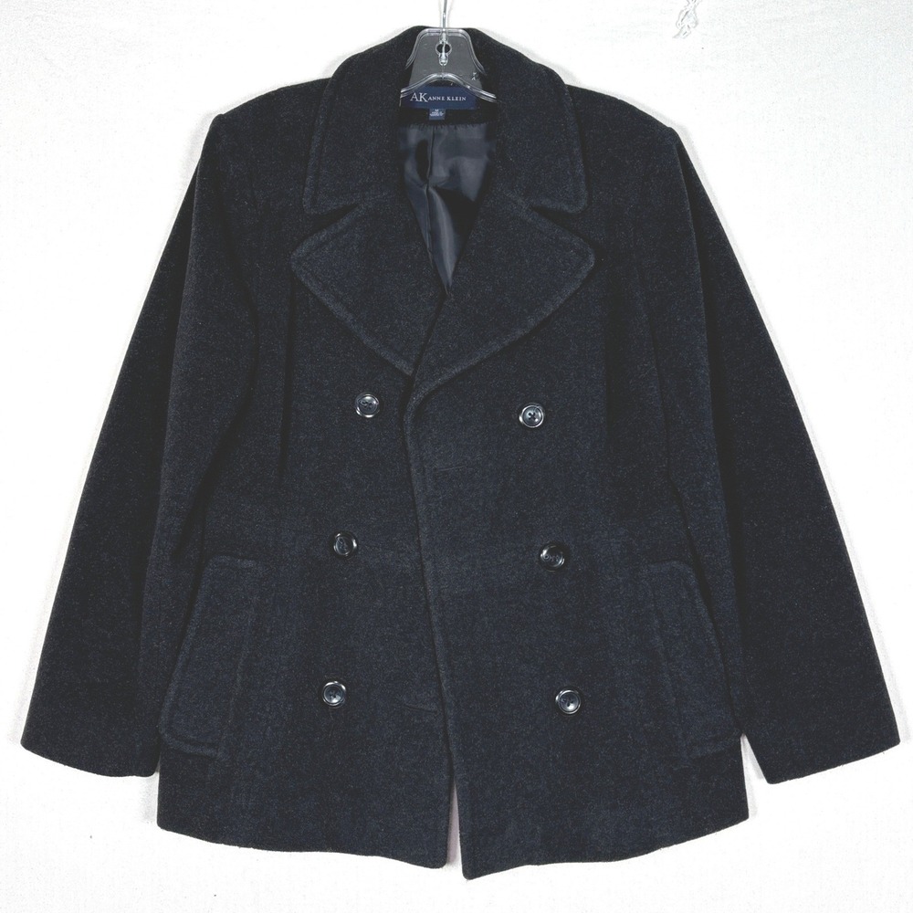 Anne Klein Womens Charcoal Grey Wool Blend Double Breasted Peacoat Jacket Size M